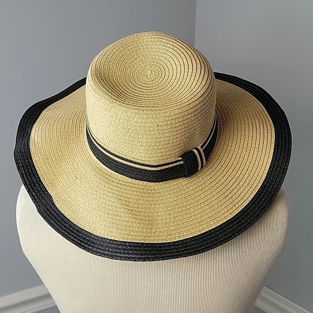 Classic Tan Black Band Trim Summer Vacation Beach Boho Retro Paper‎ Sun Hat OS